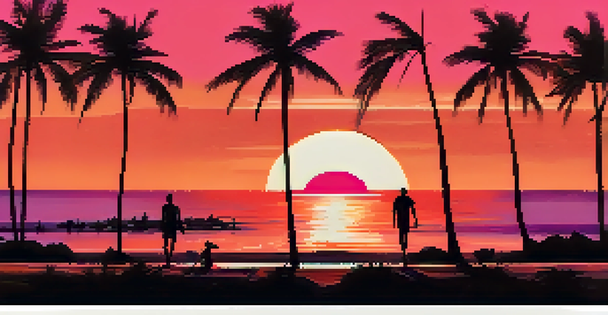 A colorful film poster depicting a sunset on a beach with palm trees, featuring a bold title in the foreground.