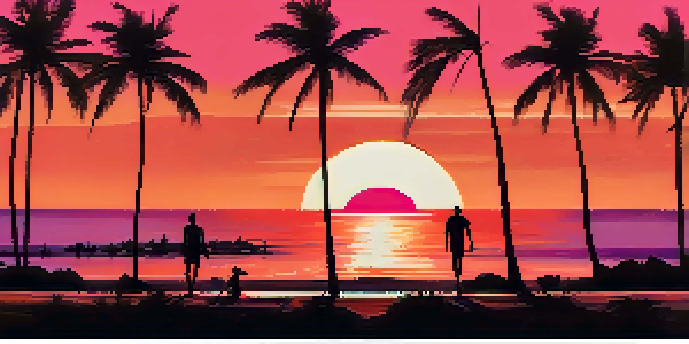 A colorful film poster depicting a sunset on a beach with palm trees, featuring a bold title in the foreground.