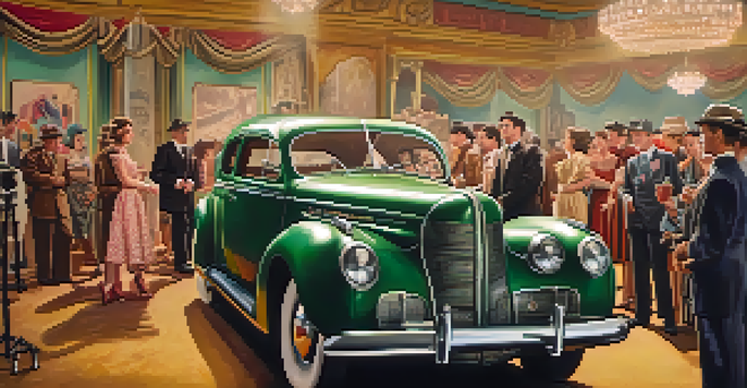 A film set with actors in 1940s costumes, warm lighting, and vintage film equipment.