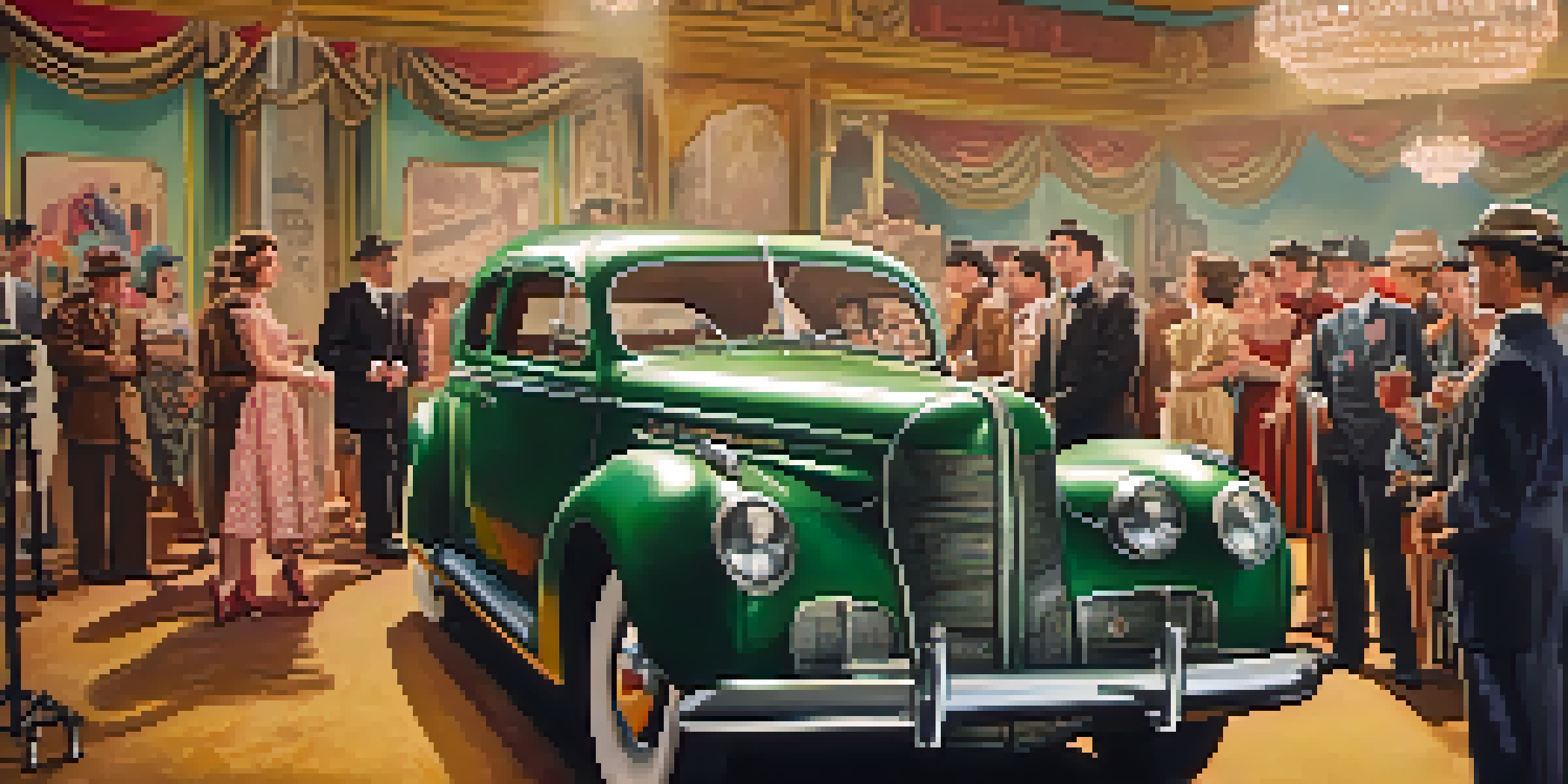 A film set with actors in 1940s costumes, warm lighting, and vintage film equipment.