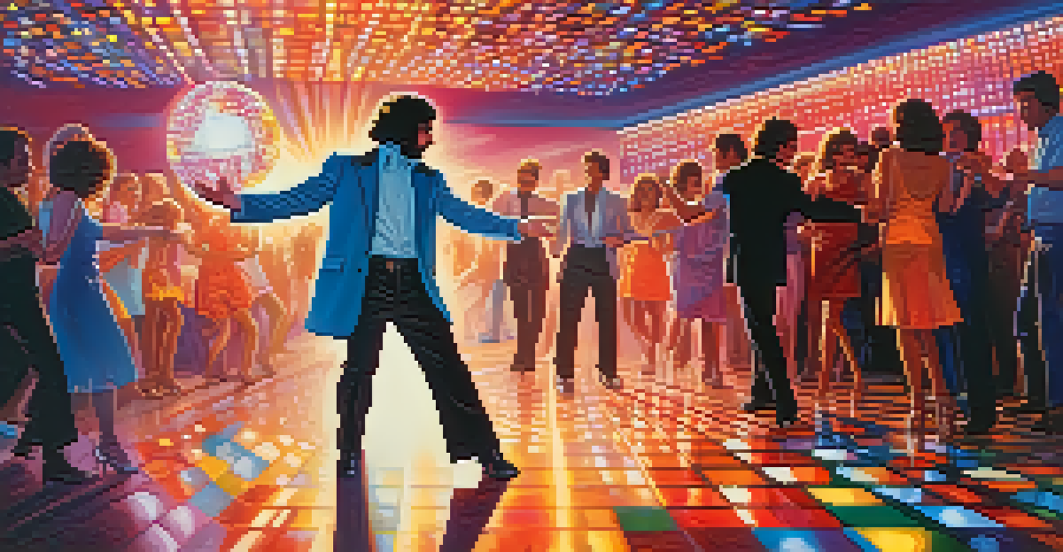 A colorful disco dance floor with a disco ball and a man dancing in 1970s attire.