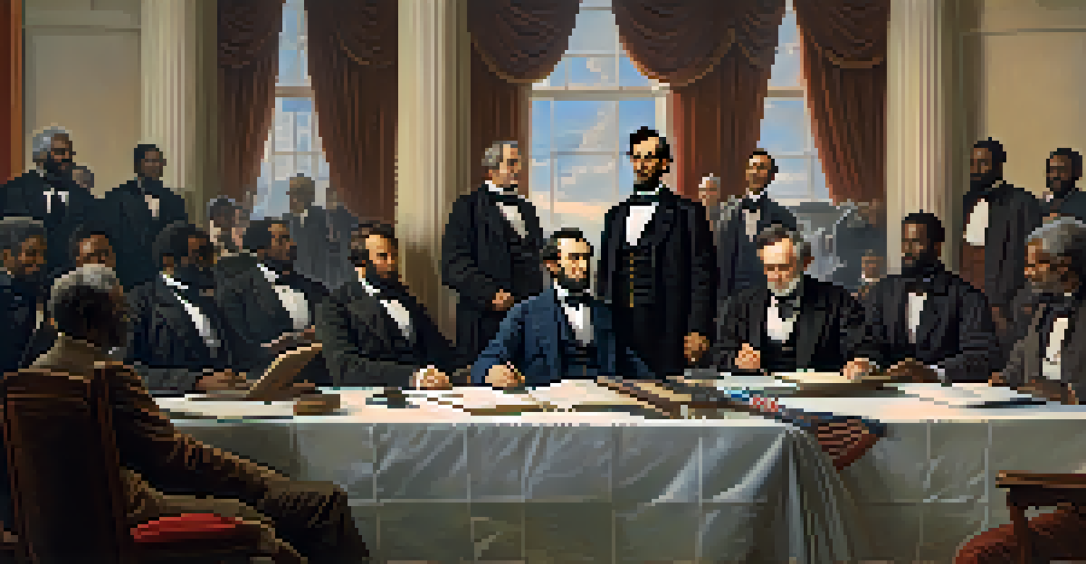 President Lincoln signing the 13th Amendment with historical figures around him, filled with hope and excitement.