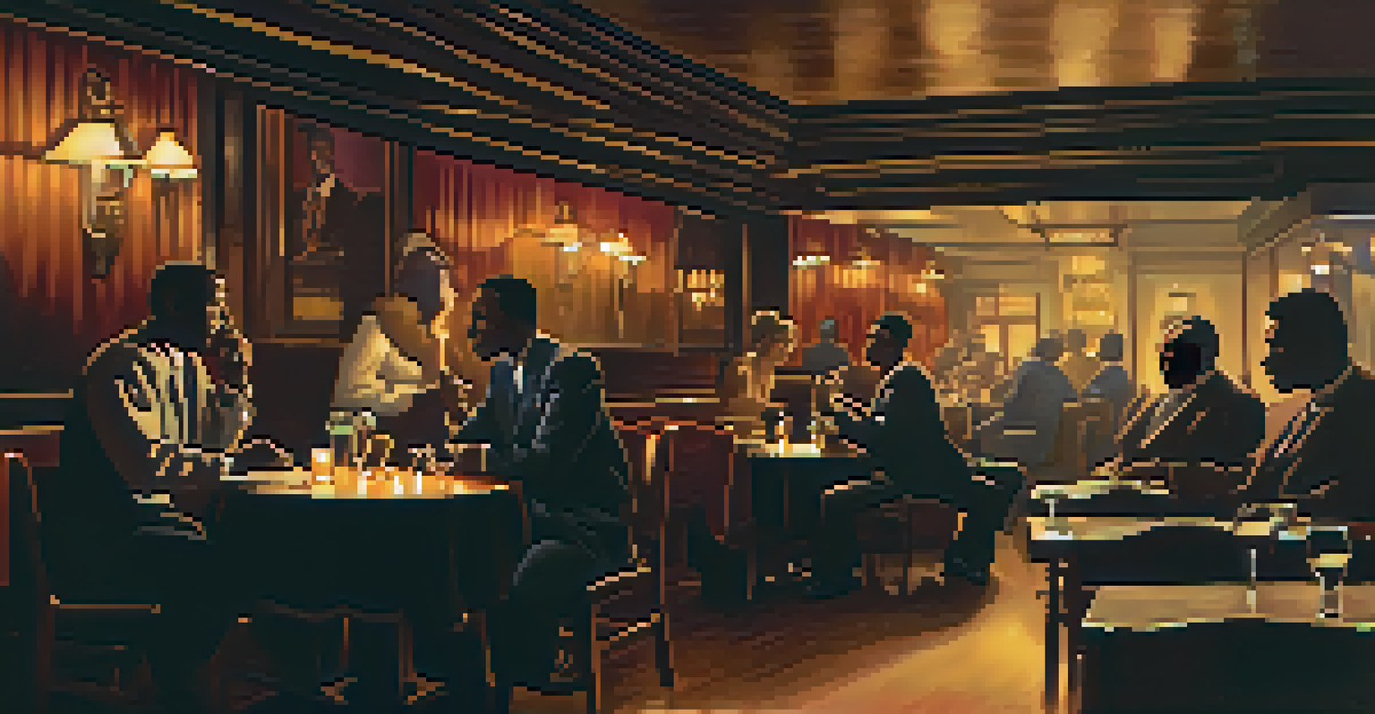 A smoky jazz club with a saxophonist on stage, patrons at tables, and dim lighting creating a nostalgic atmosphere.