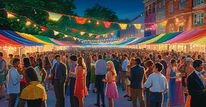 A lively outdoor film festival with a diverse crowd, colorful banners, and a large screen showing a movie.