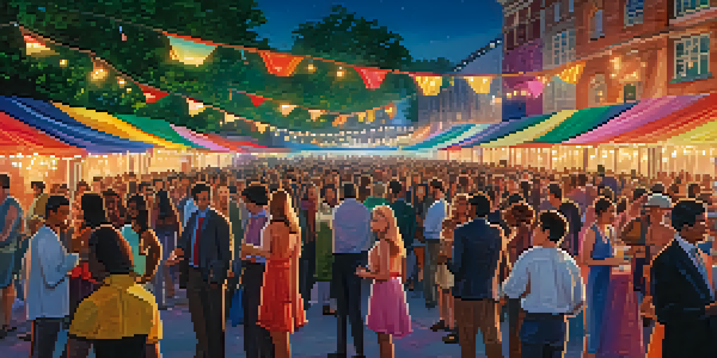 A lively outdoor film festival with a diverse crowd, colorful banners, and a large screen showing a movie.