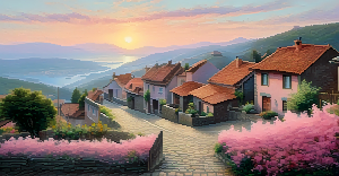 A peaceful village scene at sunrise with traditional houses and blooming gardens.