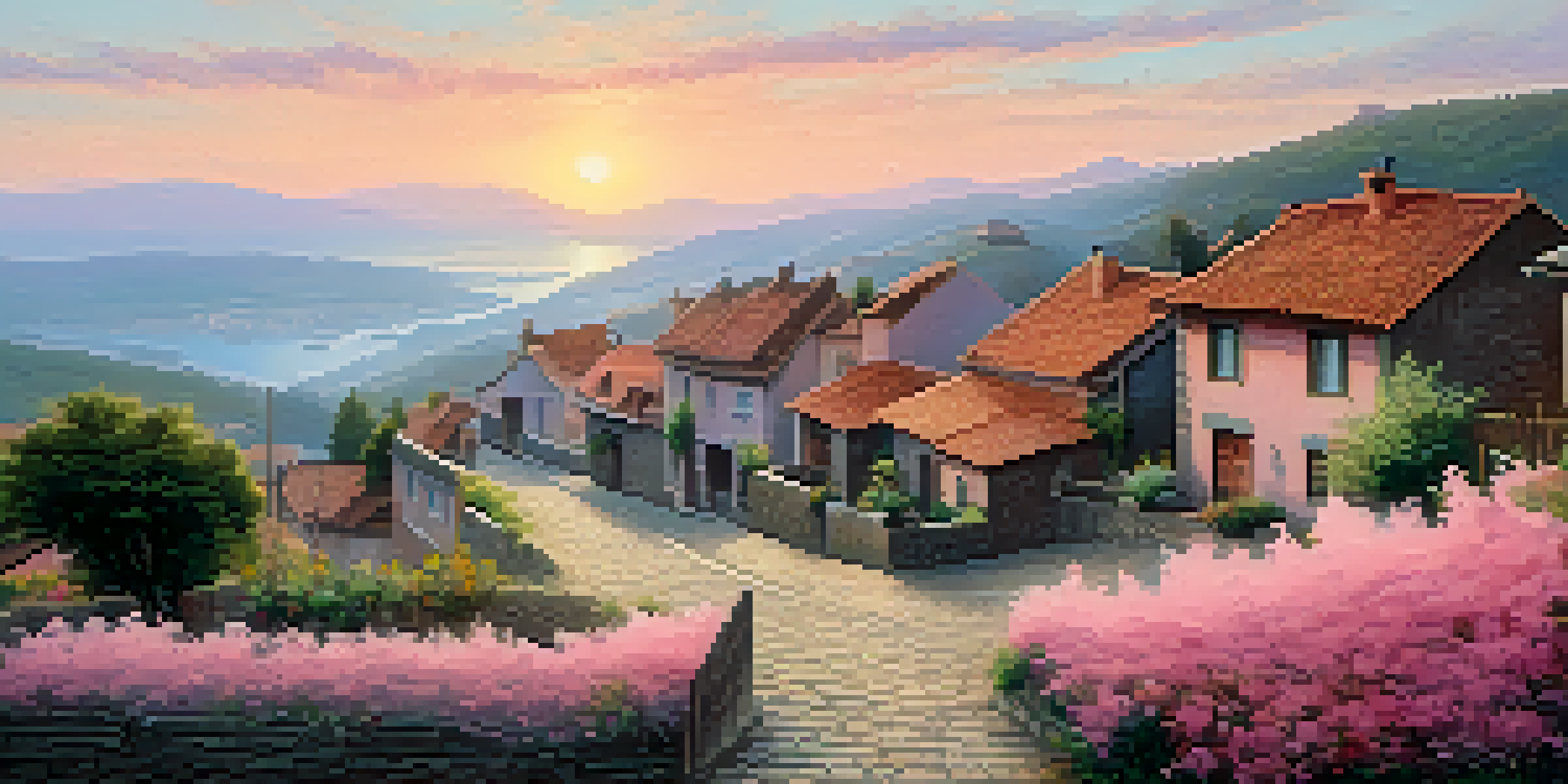 A peaceful village scene at sunrise with traditional houses and blooming gardens.