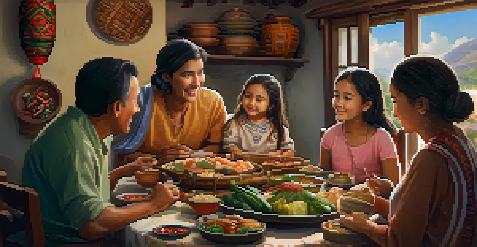 A family gathered around a table filled with traditional foods, sharing a joyful moment in a cozy, culturally decorated setting.