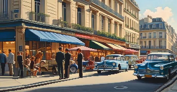 A vibrant street in Paris during the late 1950s, featuring vintage cars, a busy café, and a film crew at work, all under the warm glow of a setting sun.