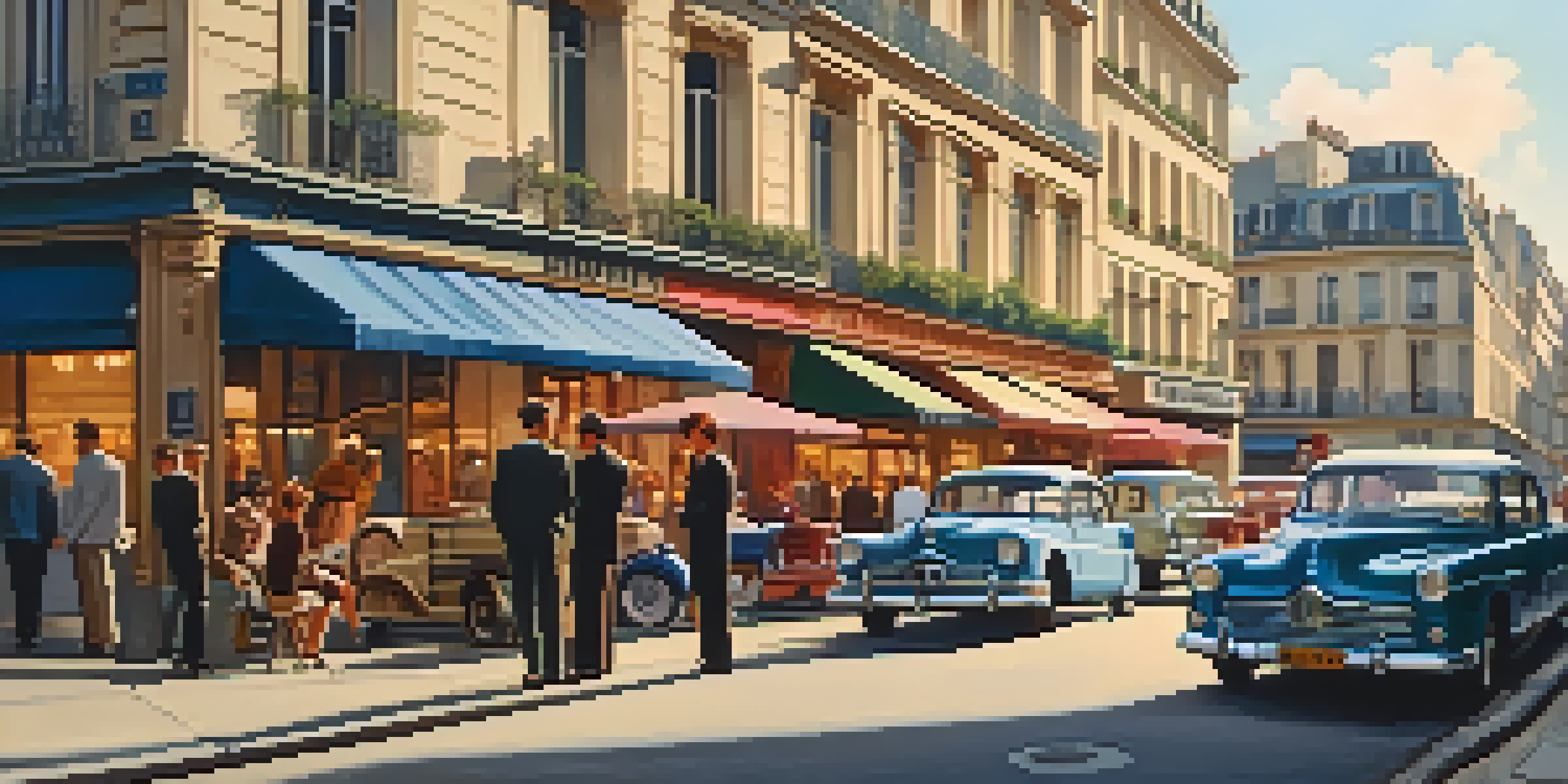 A vibrant street in Paris during the late 1950s, featuring vintage cars, a busy café, and a film crew at work, all under the warm glow of a setting sun.