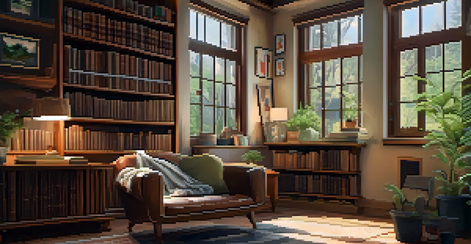 A cozy study room with wooden bookshelves, a desk by a sunny window, a cup of tea, an armchair with a blanket, and a potted plant.