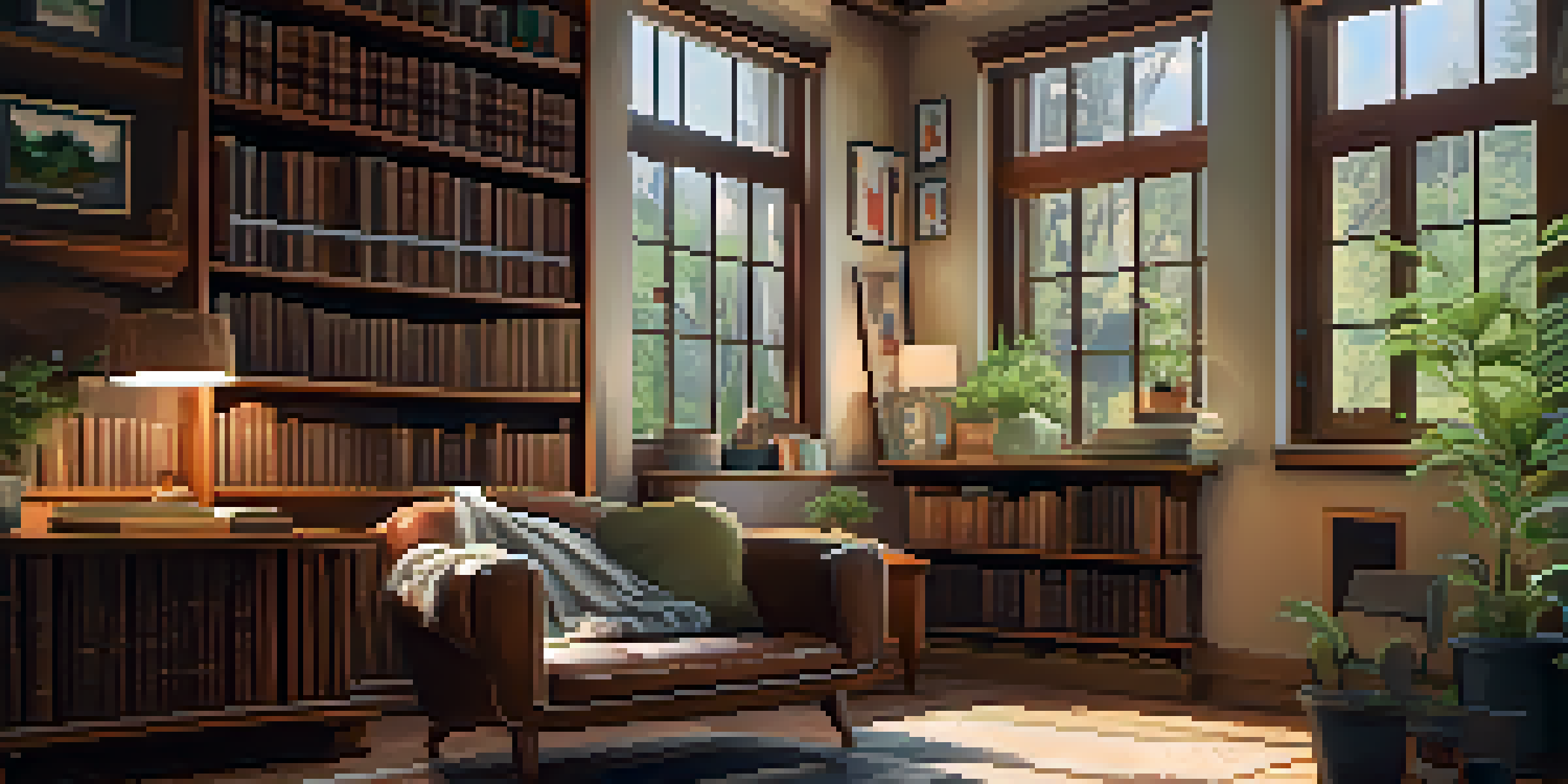 A cozy study room with wooden bookshelves, a desk by a sunny window, a cup of tea, an armchair with a blanket, and a potted plant.