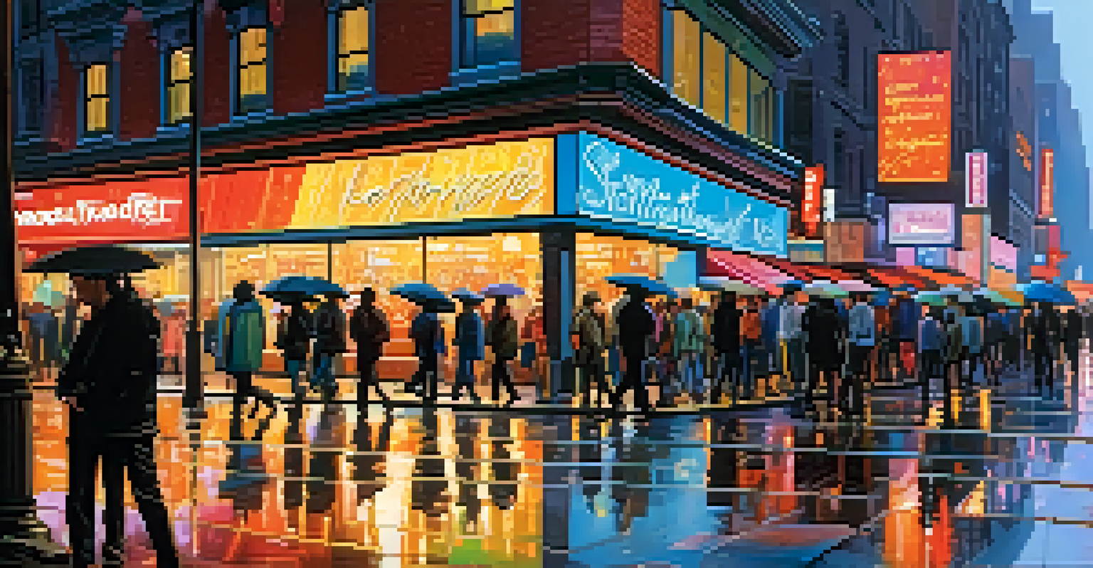 A lively city street at night with neon lights, colorful storefronts, and people walking on wet pavement.