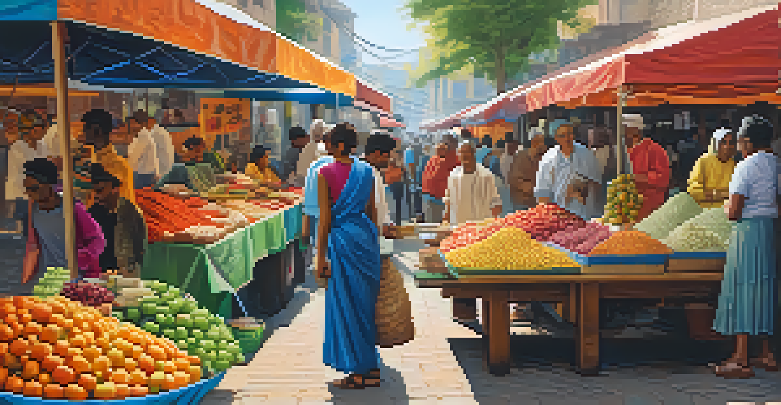A bustling street market filled with colorful stalls and diverse people engaging in conversations, with various language signs displayed.