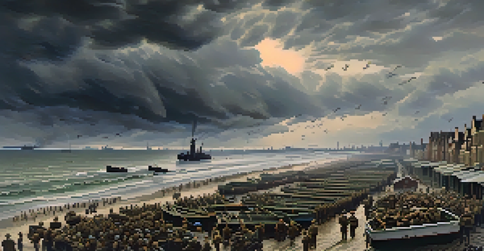 Aerial view of Dunkirk beach during World War II with boats evacuating soldiers against a stormy sky.