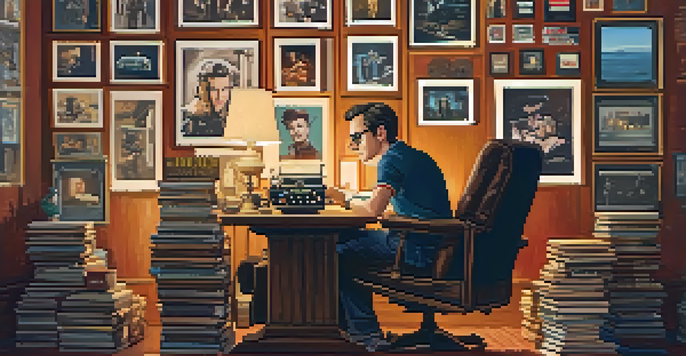 A film critic at a vintage desk, surrounded by film reels and books, writing notes with a thoughtful expression.