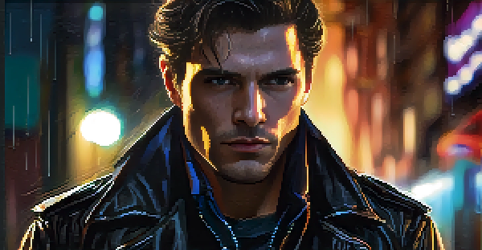 A close-up portrait of a male antihero with a rugged look in a dimly lit alley.