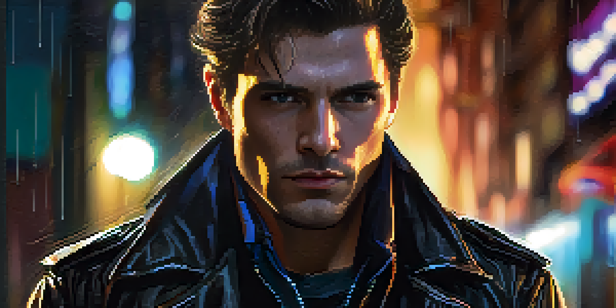 A close-up portrait of a male antihero with a rugged look in a dimly lit alley.