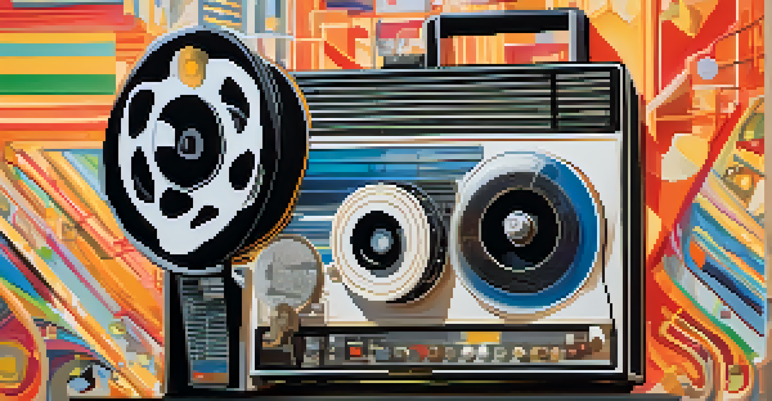 An artistic depiction of the fusion of film and music at SXSW with a film projector and musical notes.