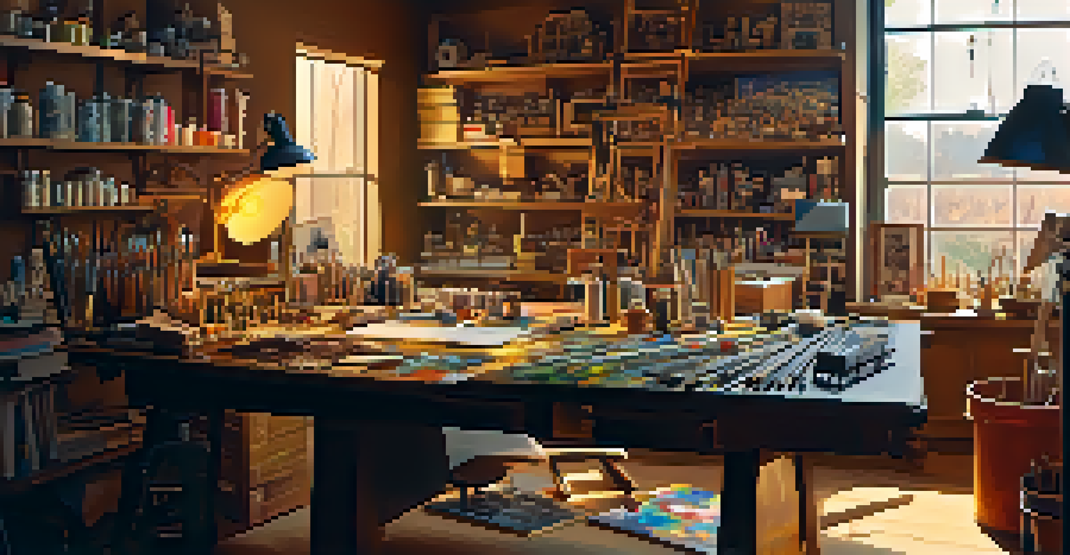 An artist's workspace with tools for special effects, illuminated by warm light and showcasing colorful designs.