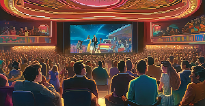 A lively midnight movie screening with a diverse audience in costumes, colorful neon lights, and a retro cinema marquee.