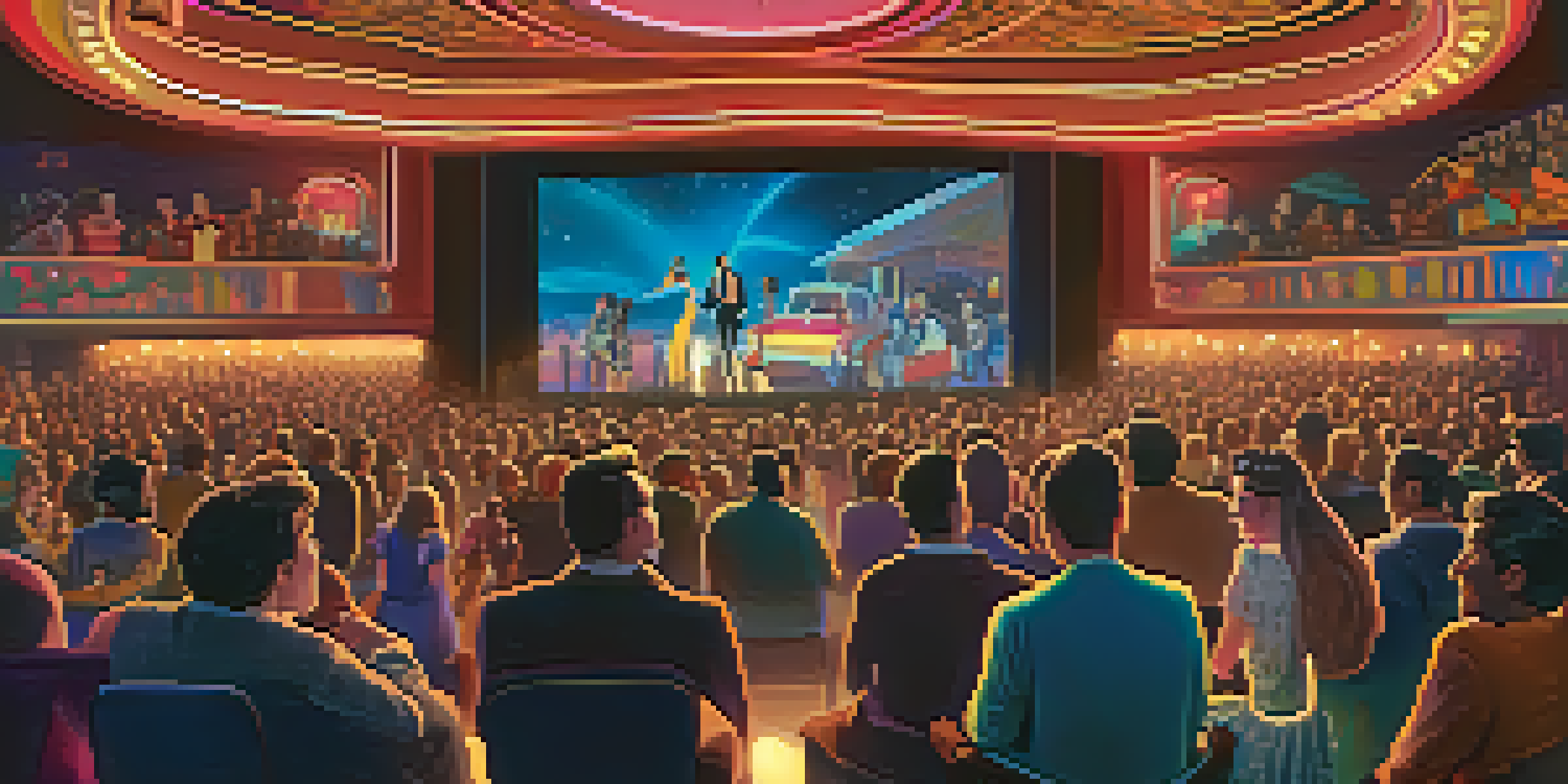 A lively midnight movie screening with a diverse audience in costumes, colorful neon lights, and a retro cinema marquee.