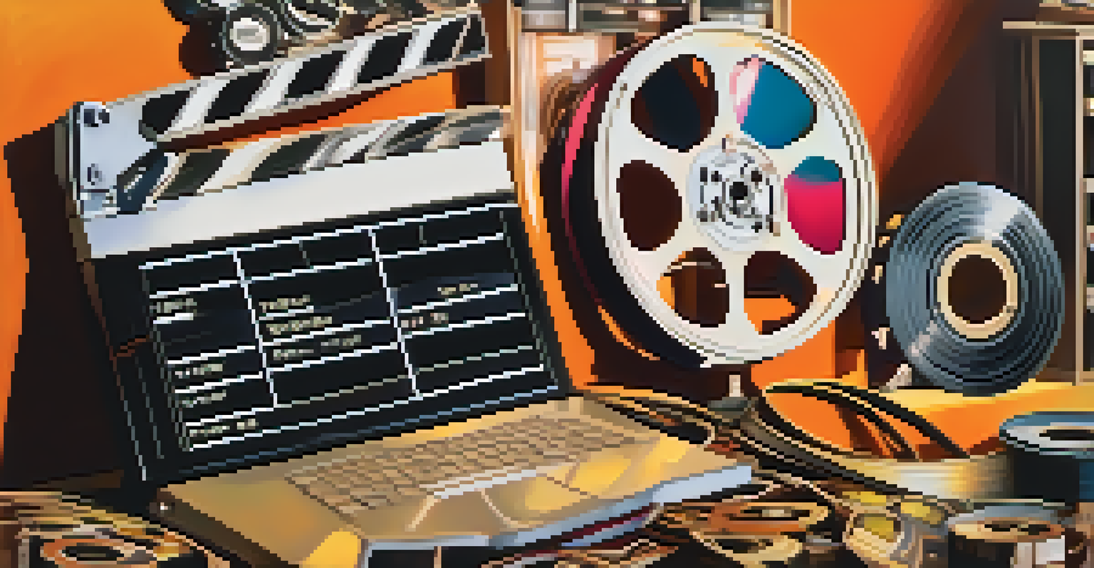 An artistic representation of film editing evolution, combining elements from silent films and modern digital editing tools.