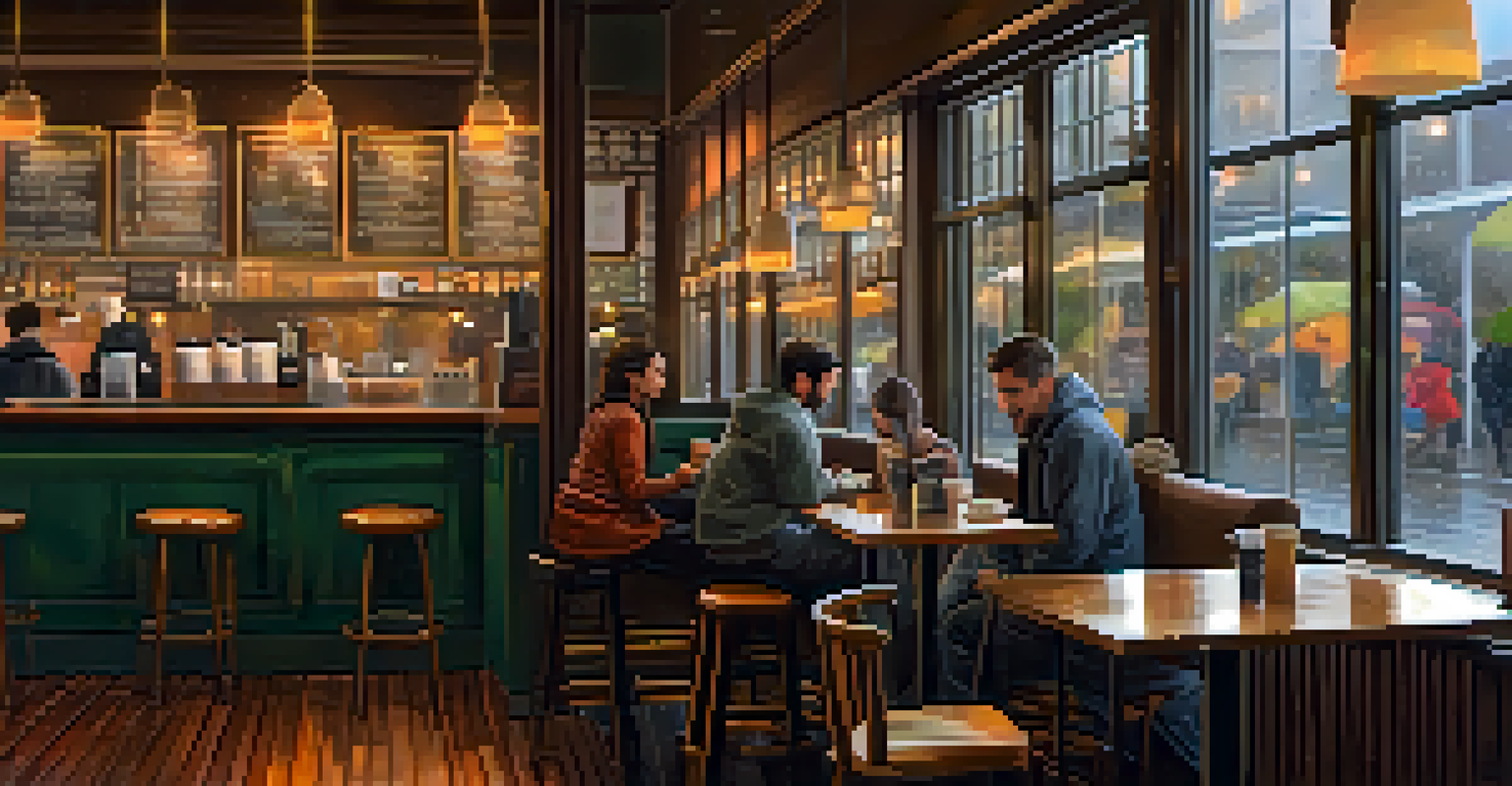 A warm and cozy coffee shop on a rainy afternoon with patrons reading and a barista preparing drinks.