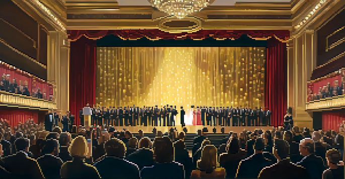 An independent film award ceremony with filmmakers and actors in elegant attire, a grand stage, a trophy, and an engaged audience.