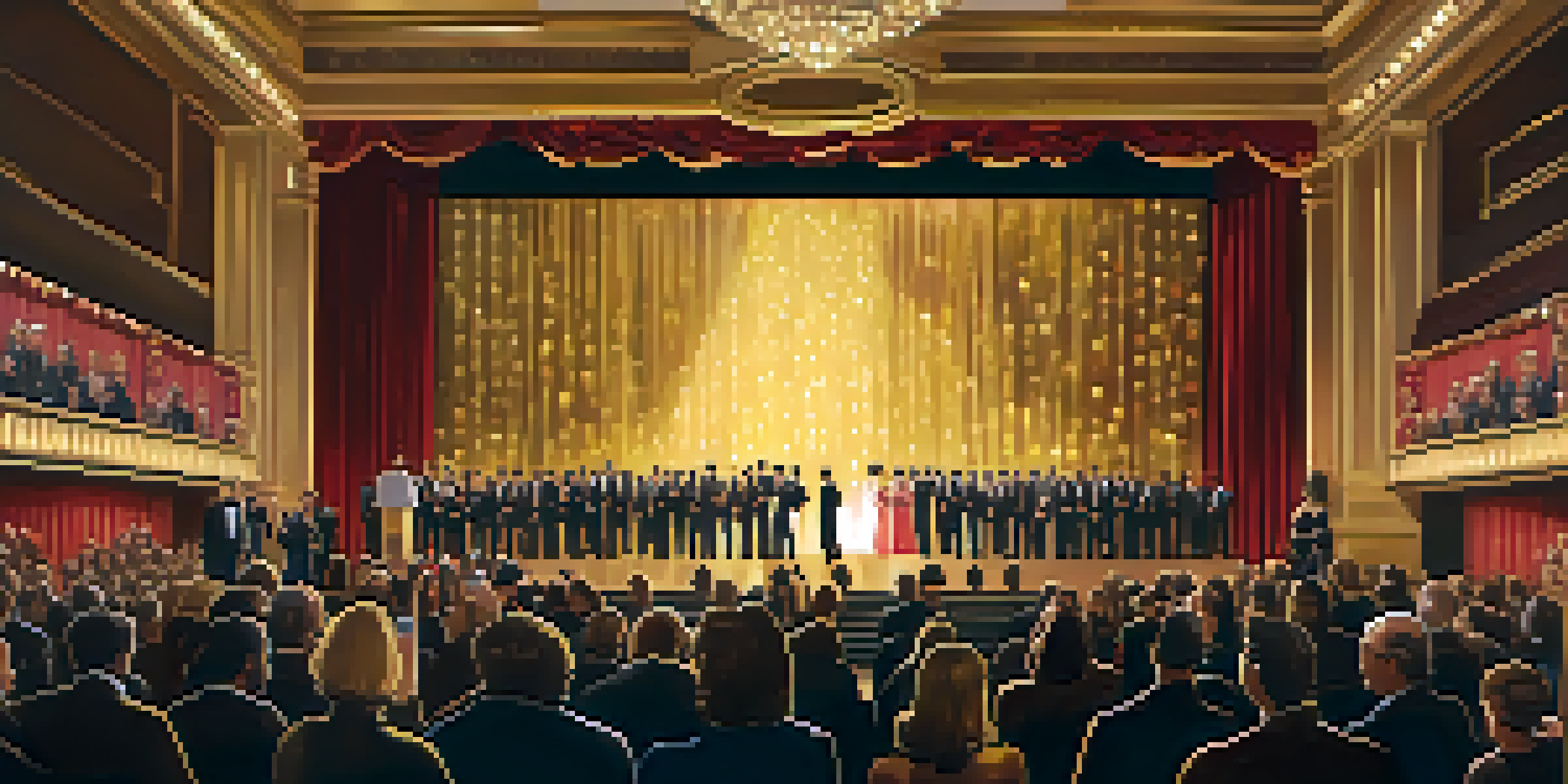 An independent film award ceremony with filmmakers and actors in elegant attire, a grand stage, a trophy, and an engaged audience.