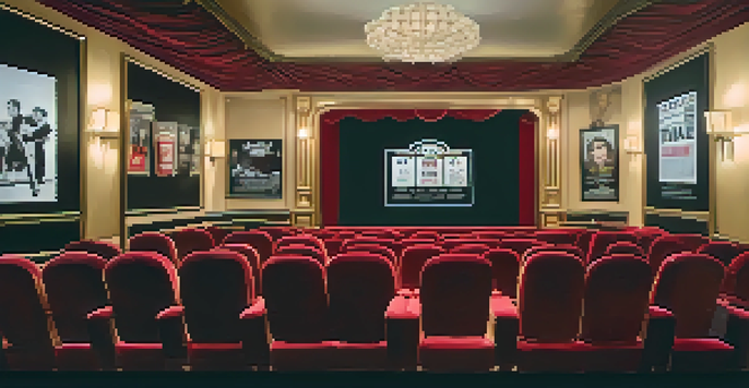 A cozy cinema with red velvet seats and vintage movie posters, showing a classic black-and-white film.