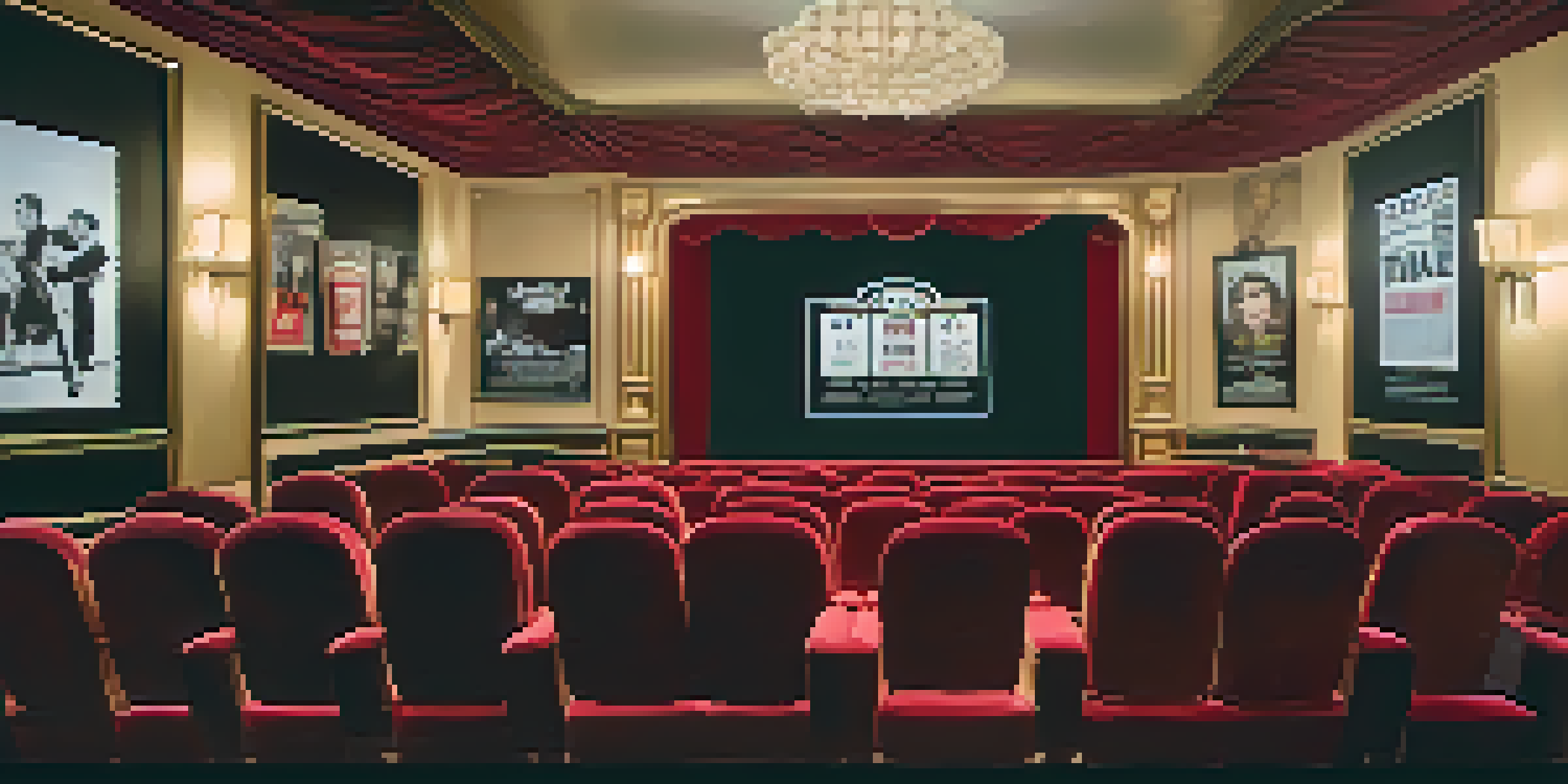 A cozy cinema with red velvet seats and vintage movie posters, showing a classic black-and-white film.