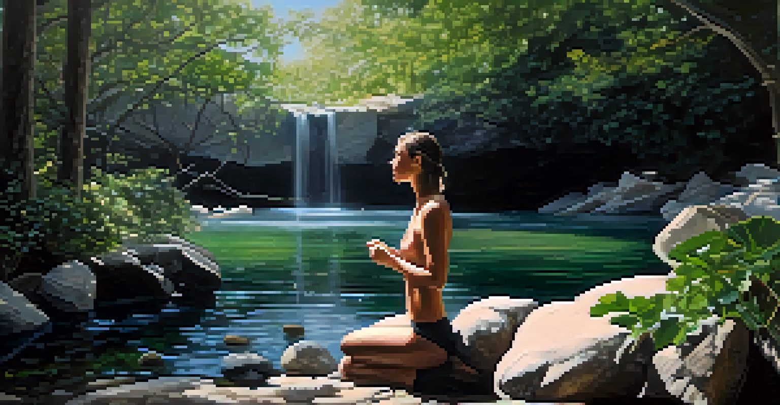 A peaceful performance art scene in nature with an artist interacting with the environment.