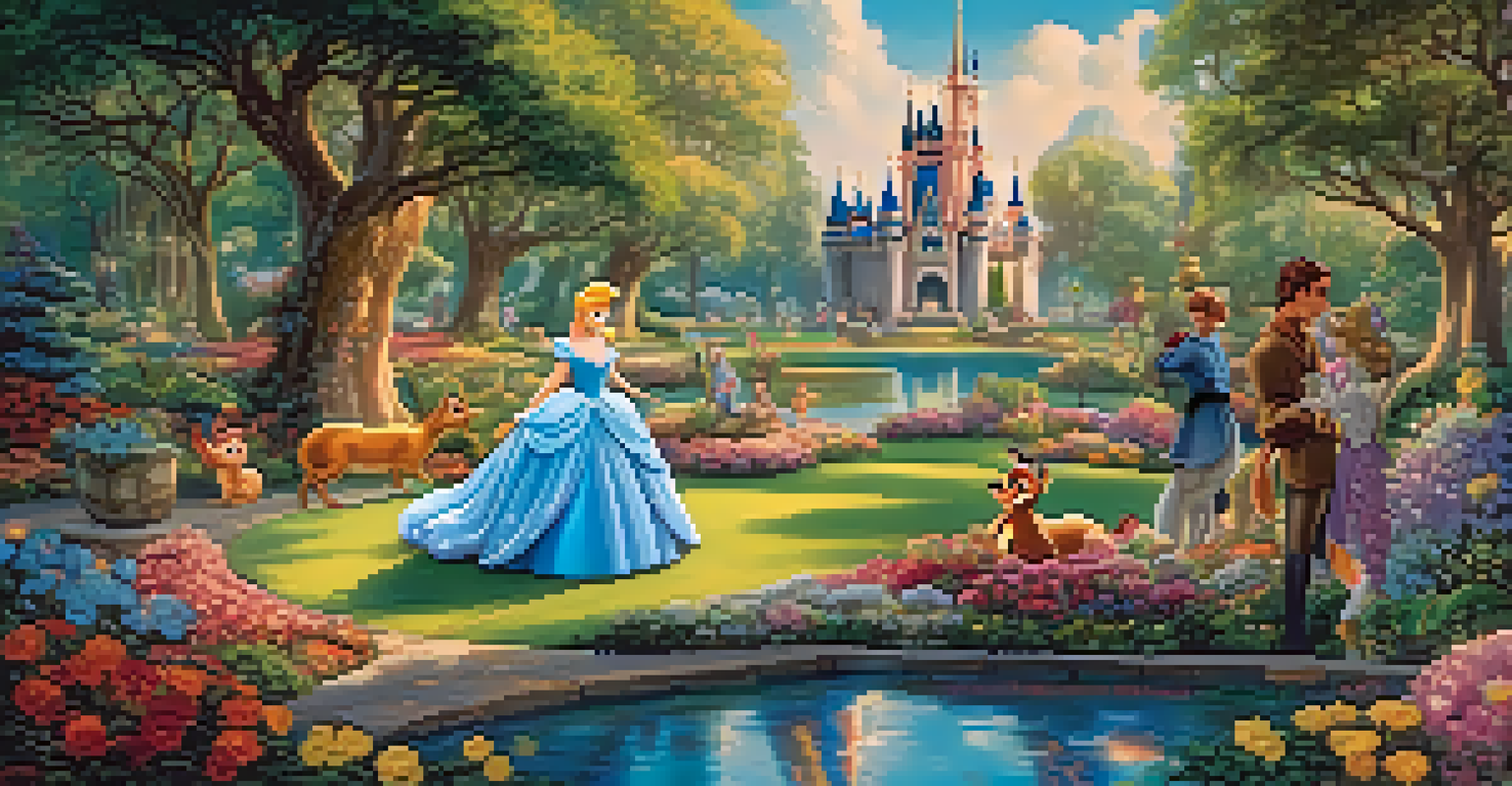 Iconic Disney characters in a lush garden, surrounded by flowers and a pond under a blue sky.