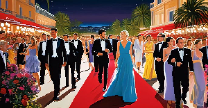 A scene of the Cannes Film Festival red carpet with celebrities in elegant attire, bright lights, and photographers capturing the moment.