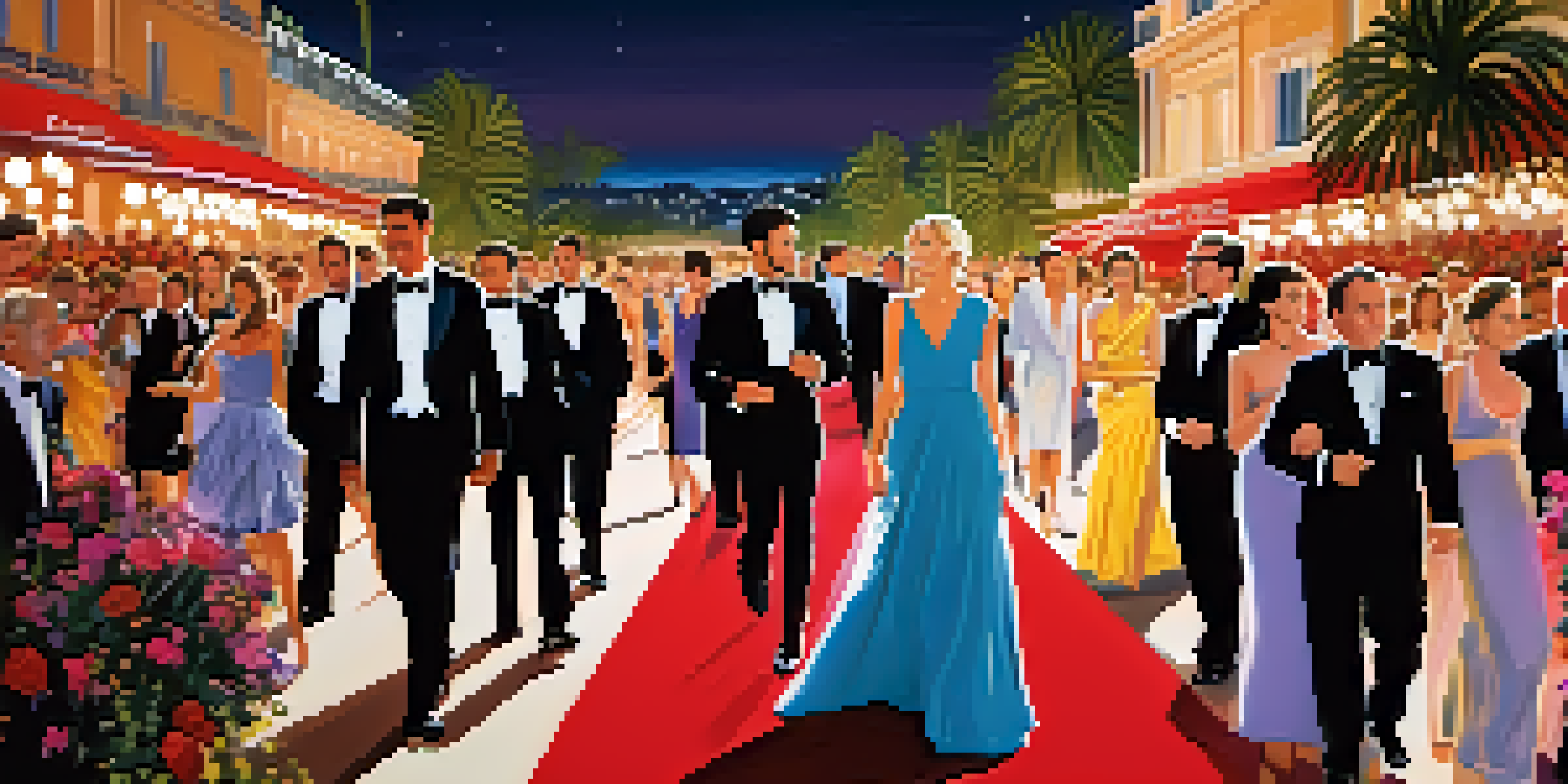 A scene of the Cannes Film Festival red carpet with celebrities in elegant attire, bright lights, and photographers capturing the moment.
