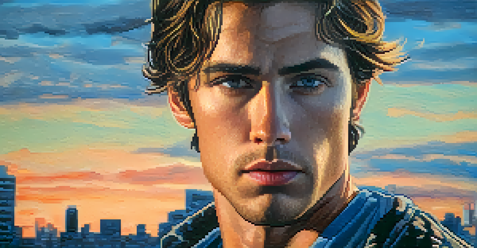 A close-up portrait of an antihero with intense emotions, set against a blurred cityscape at dusk.