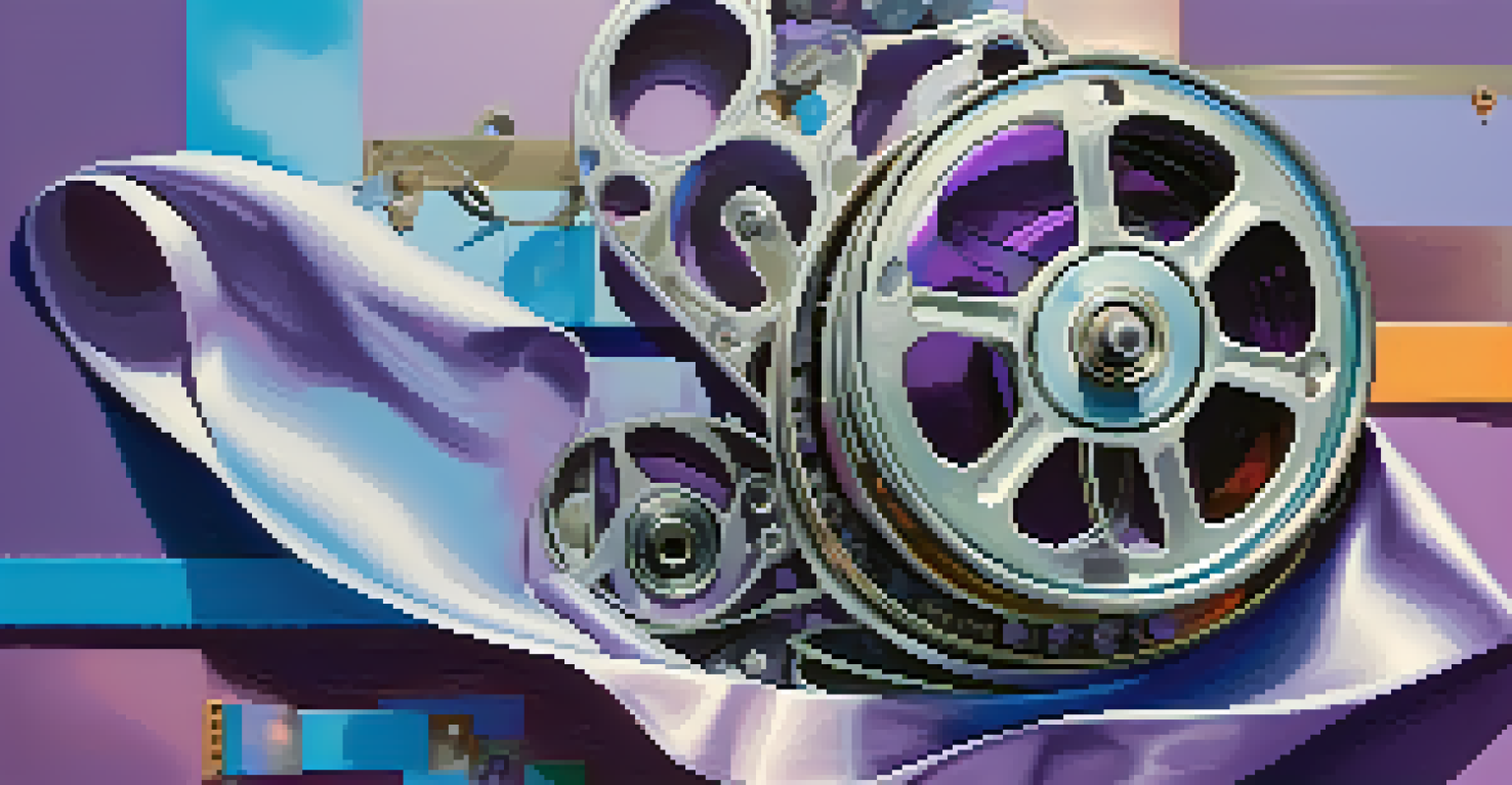 A film reel unraveling, with colorful scenes representing different film genres against a dreamy blue and purple gradient background.