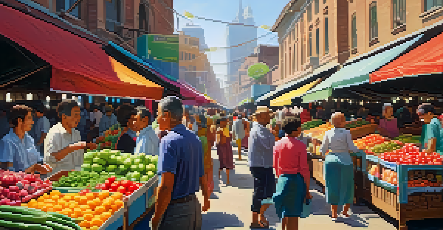 A lively city market with colorful stalls and people interacting.