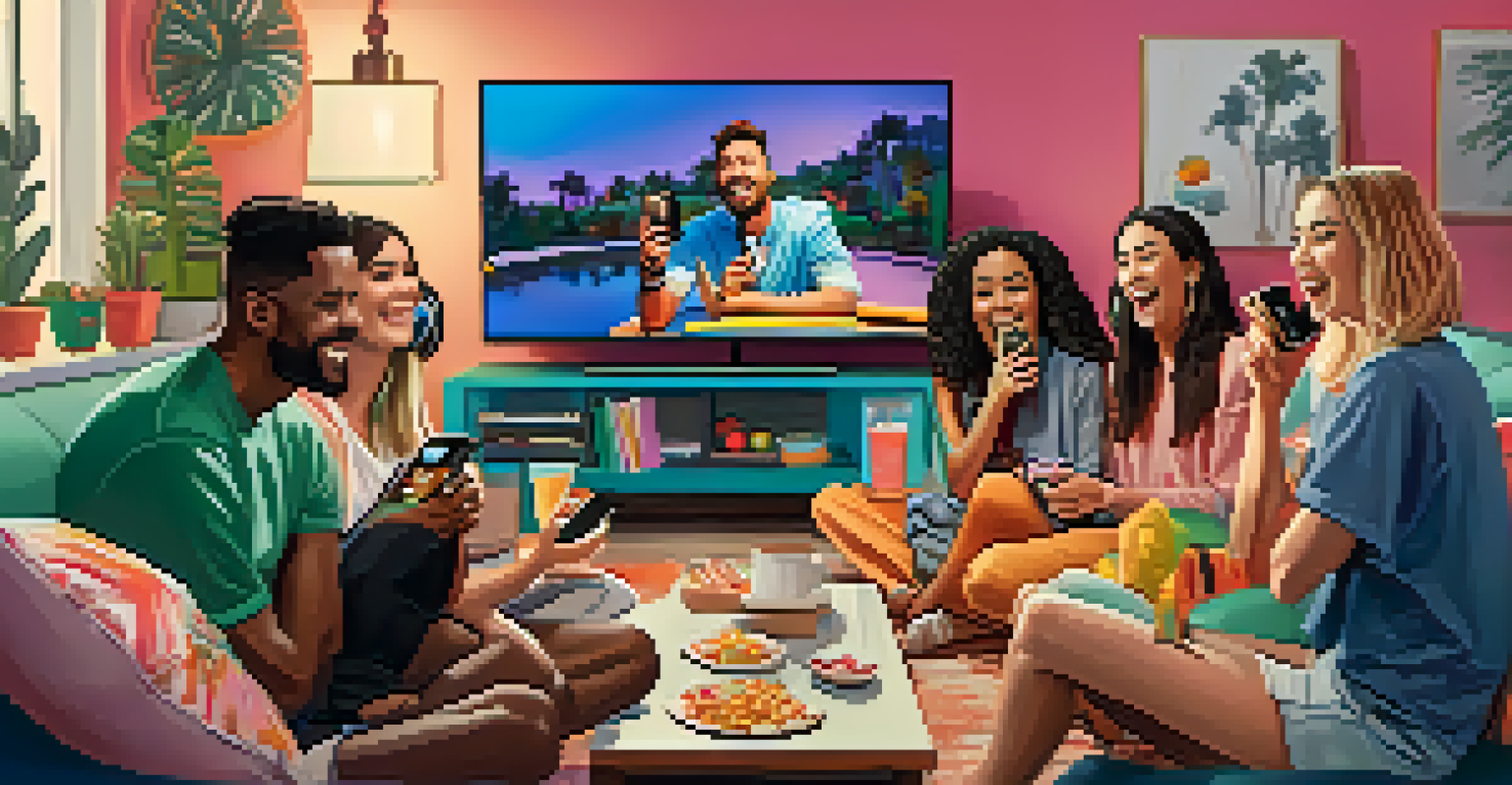 An influencer hosting a lively watch party at home, with friends enjoying snacks and engaging with their phones.