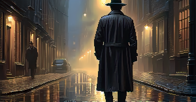 A dark alleyway at night with a shadowy figure in a trench coat under a streetlamp, rain-soaked cobblestones reflecting light.