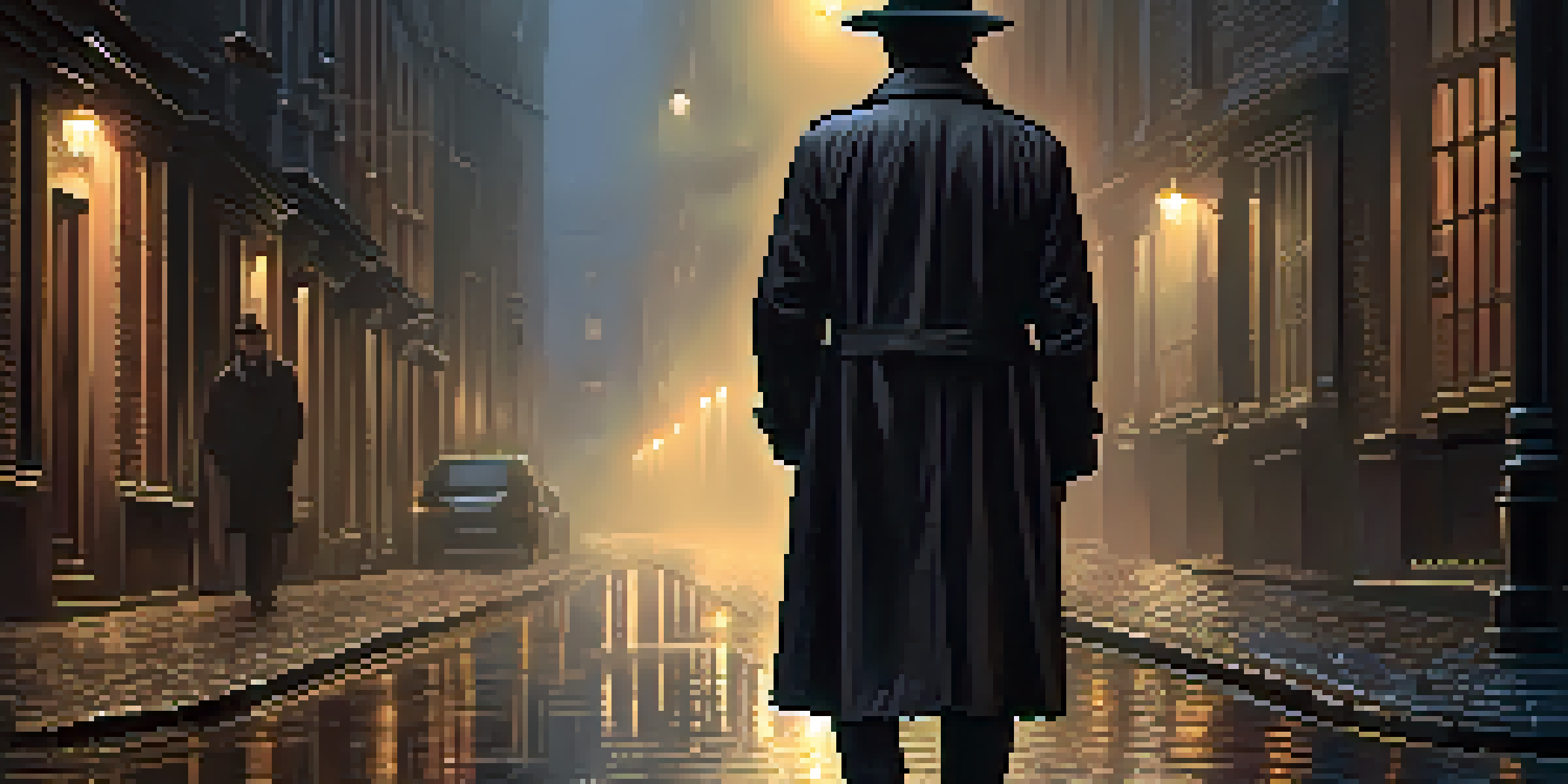 A dark alleyway at night with a shadowy figure in a trench coat under a streetlamp, rain-soaked cobblestones reflecting light.