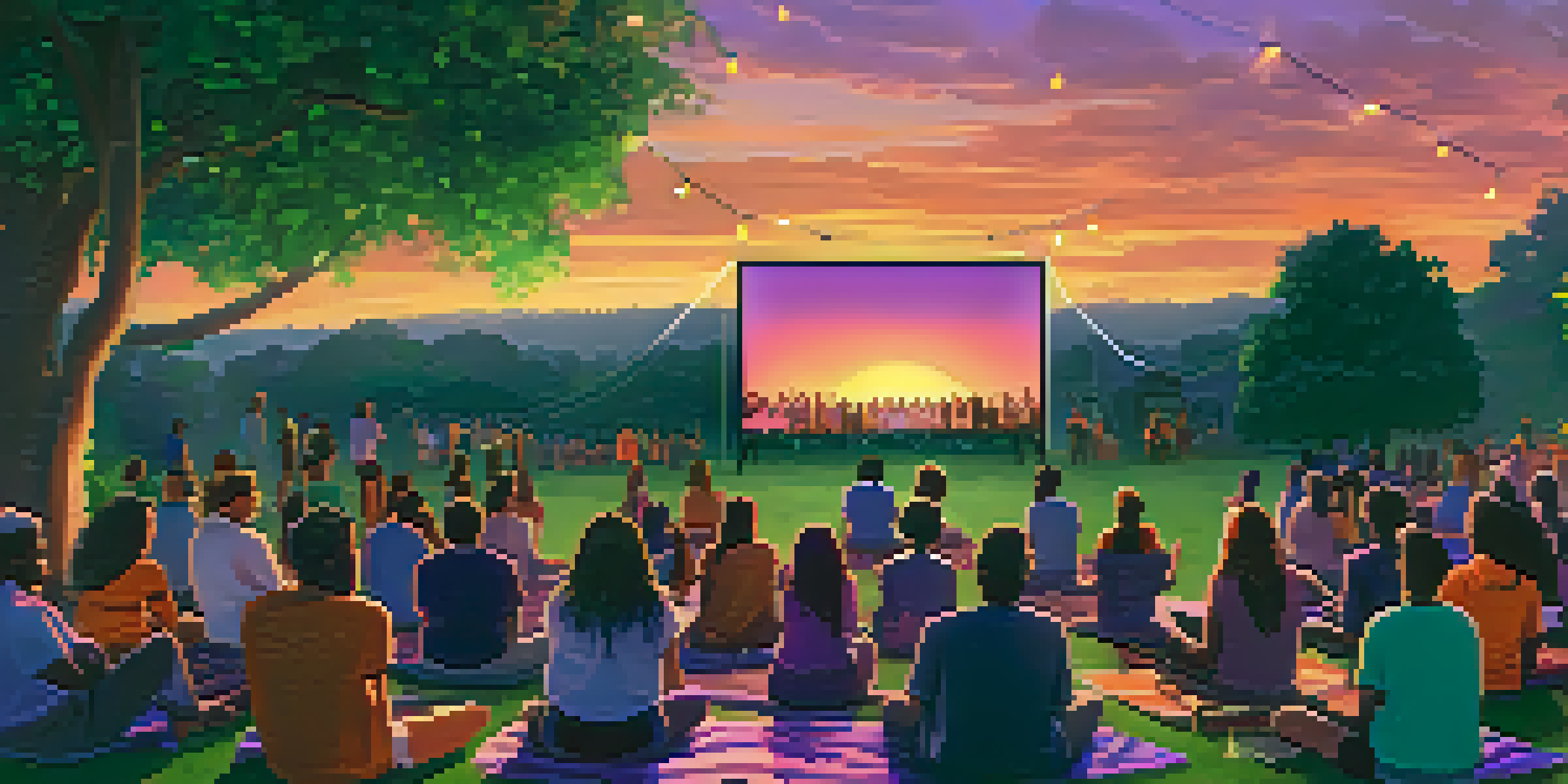 A diverse group of people watching a documentary outdoors, surrounded by nature and fairy lights, with a colorful sunset in the background.