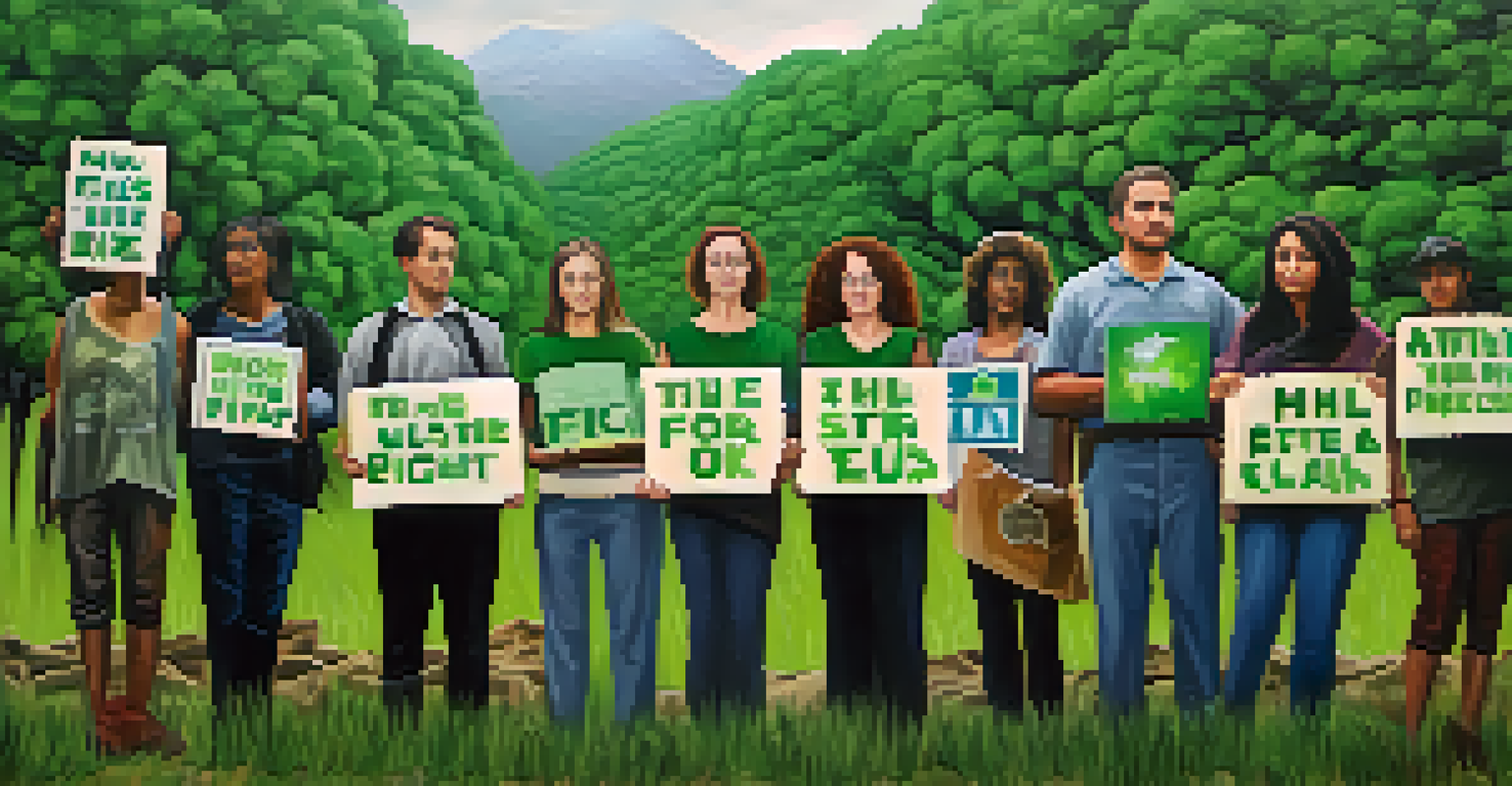 Activists holding signs in front of a contrasting polluted and green landscape.