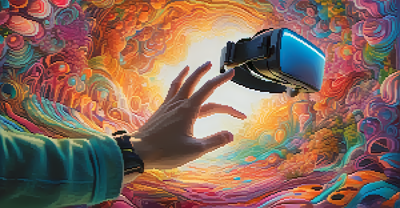A close-up of a hand reaching towards a virtual object in a colorful immersive VR environment.