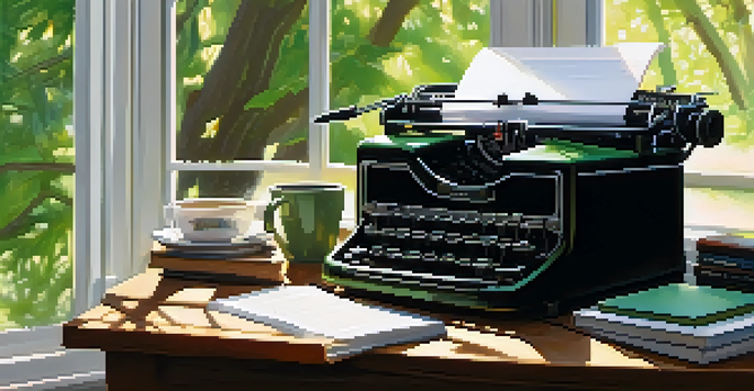 A cozy writing desk with a typewriter and books, bathed in sunlight from the window, with green trees outside.