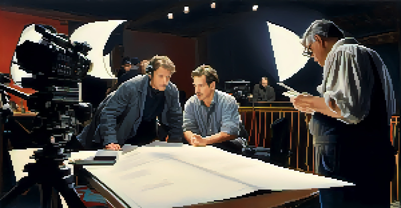A film director discussing a script with actors on set, surrounded by film equipment and bright studio lights.