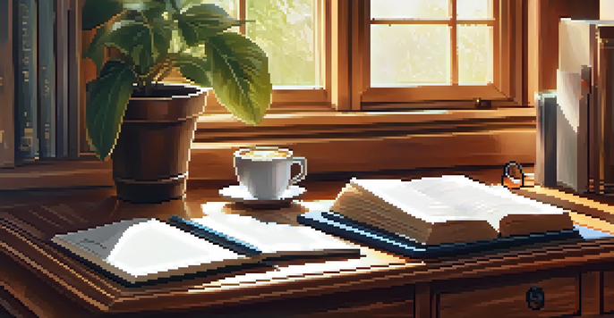A cozy writing desk with books, a laptop, and a cup of coffee, bathed in warm sunlight.
