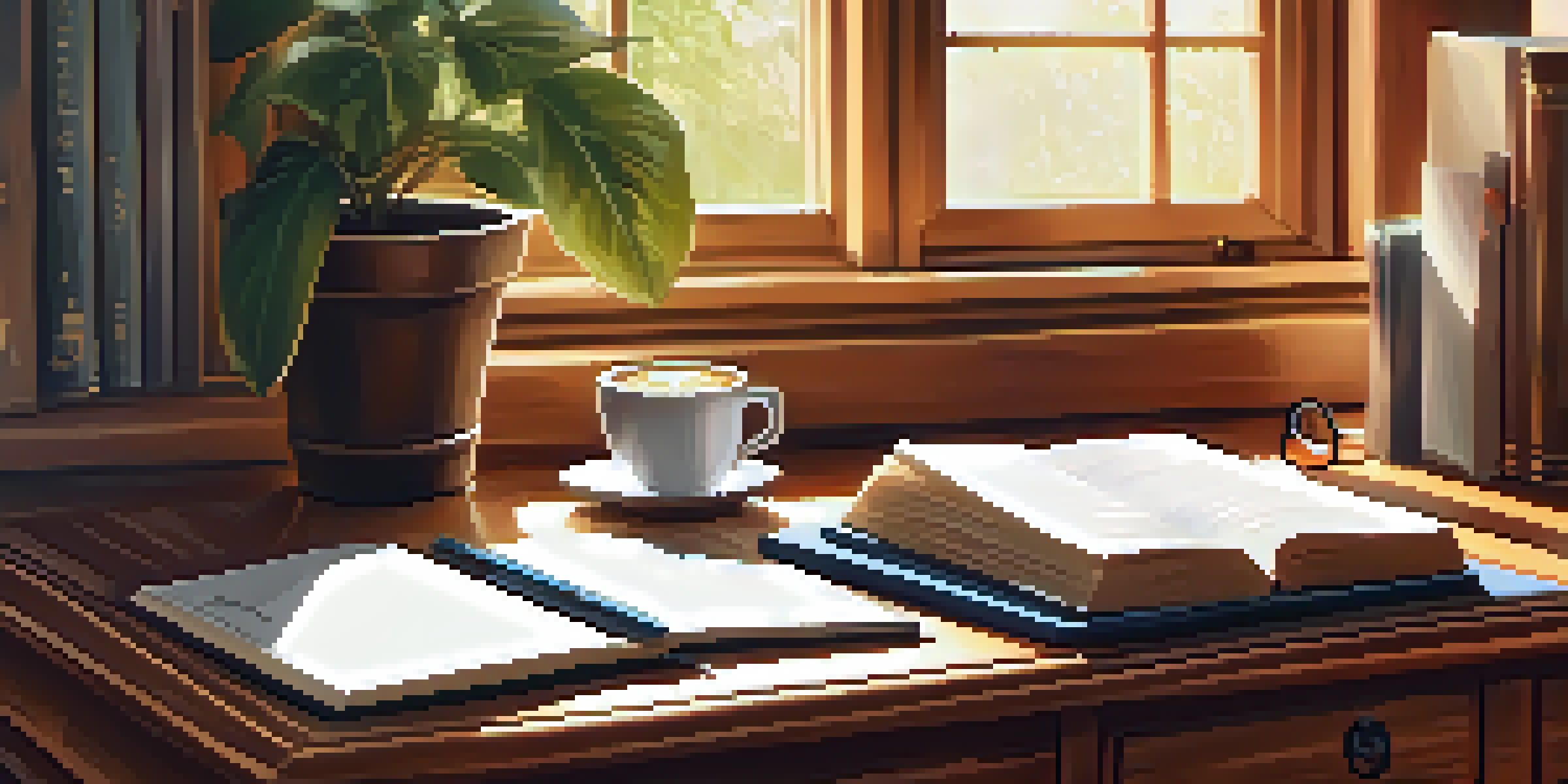 A cozy writing desk with books, a laptop, and a cup of coffee, bathed in warm sunlight.