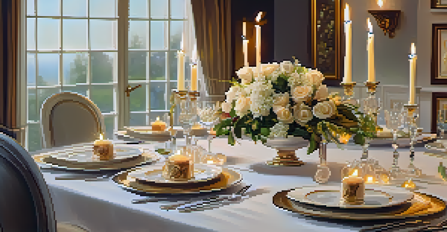 A beautifully set dinner table for a gourmet meal, with fine china, crystal glasses, candles, and a fresh flower centerpiece.